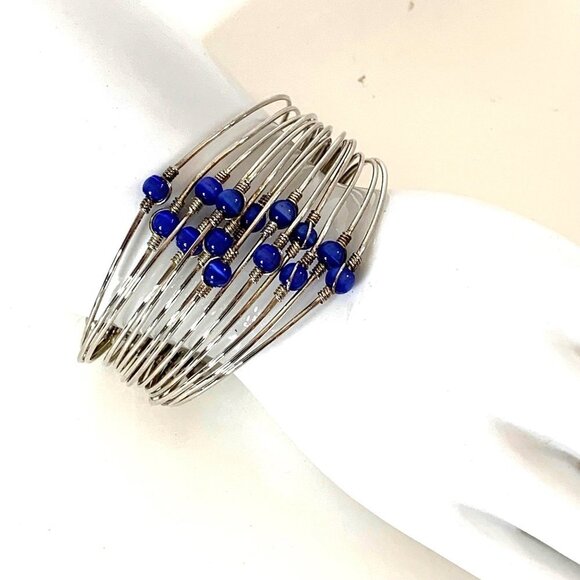 Vintage Multi-Layer Multi-Beads Blue Cat Eye Wrapped Wire Cuff Bracelet - Picture 2 of 8